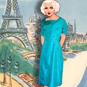 1950s Teal Silk Shantung Wiggle Dress Cocktail Vintage New Look Formal Size S